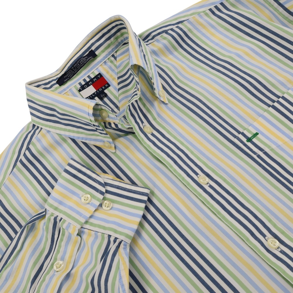 Tommy Hilfiger Mens Large Striped Button Down Shirt Blue Green Yellow Cotton